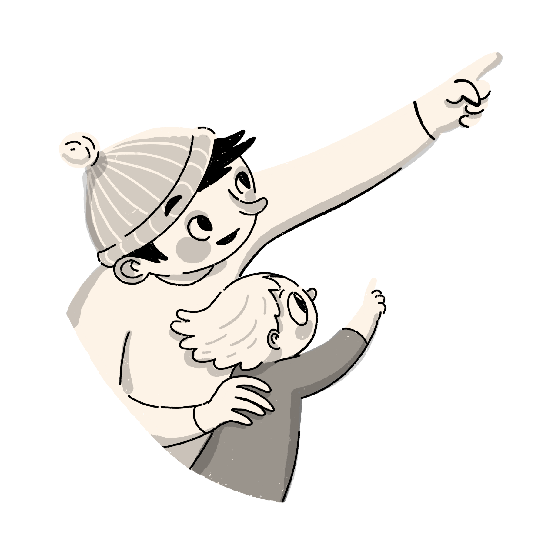 Illustrasjon av en voksen som peker på noe sammen med barnet