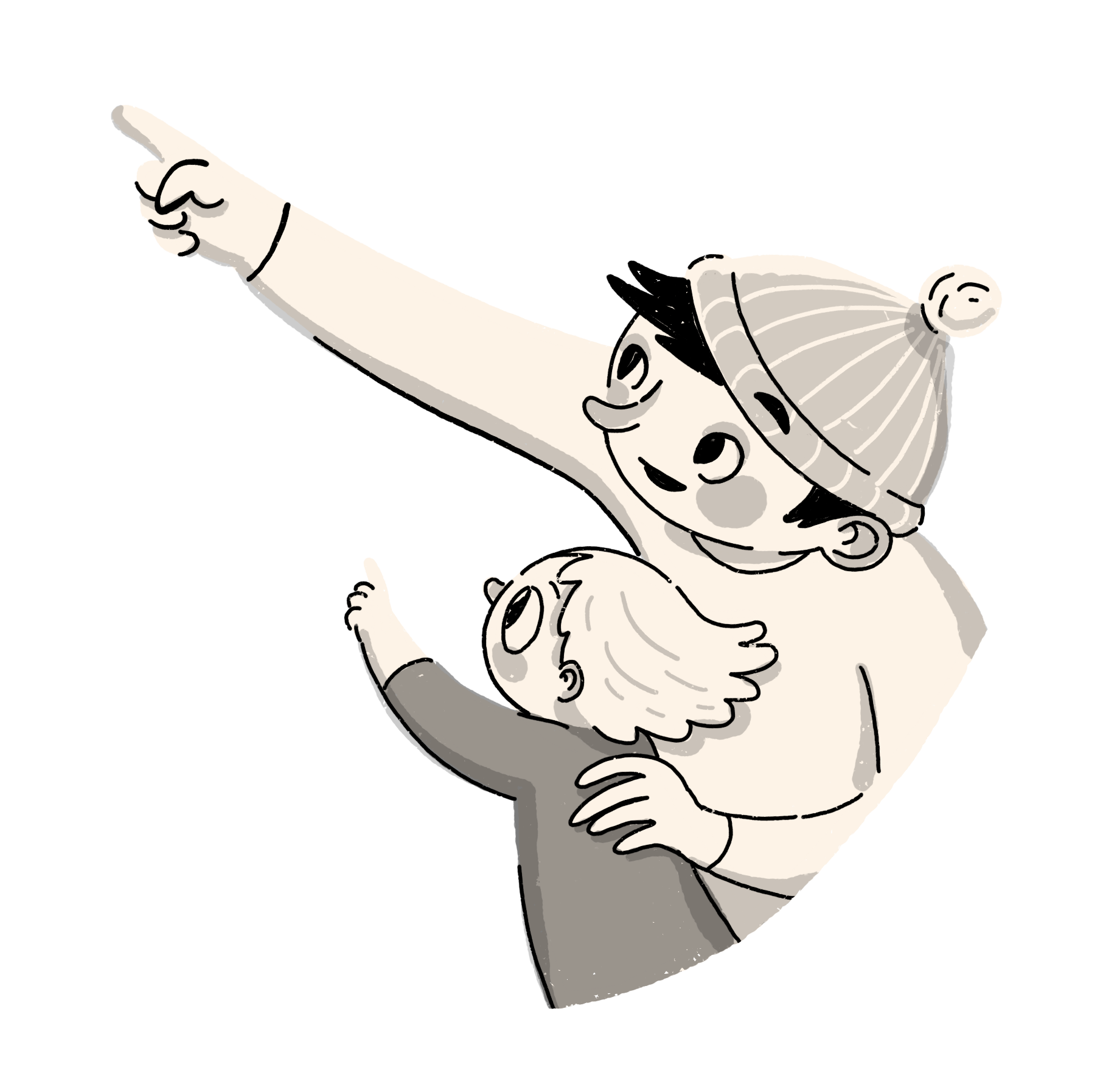 Illustrasjon av en voksen som peker på noe sammen med barnet